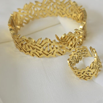 Premium Leaf Cut Cuff Bracelet & Adjustable Ring Set
