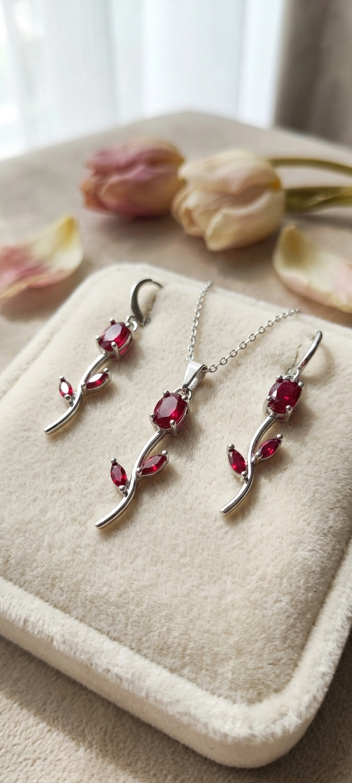Blooming Tulip Silver & Ruby Gemstone Set