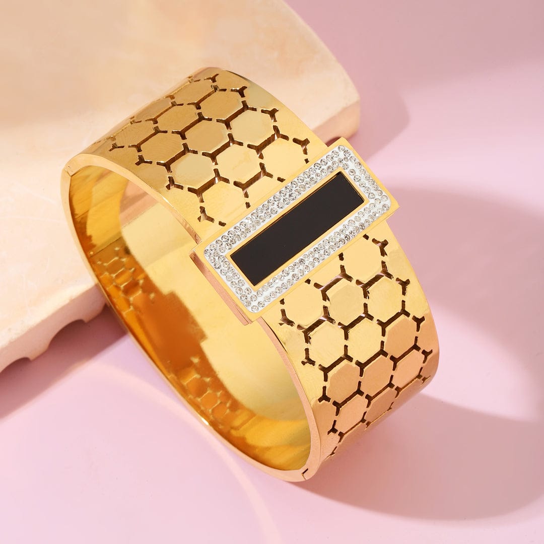 Black Gem Gold Honeycomb Cuff Bangle